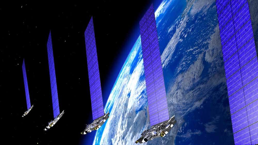 Illustration of a train of internet broadcast satellite orbiting the earth